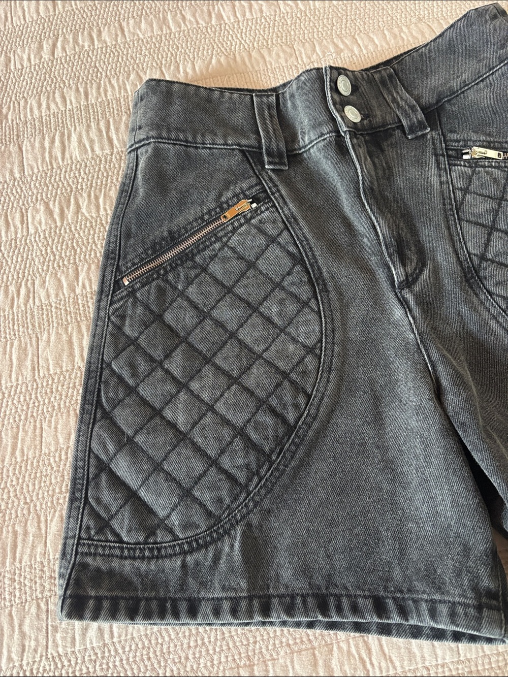 Isabel Marant Candice Quilted Front Pocket High-Waist Denim Shorts in Charcoal - Picture 2 of 8